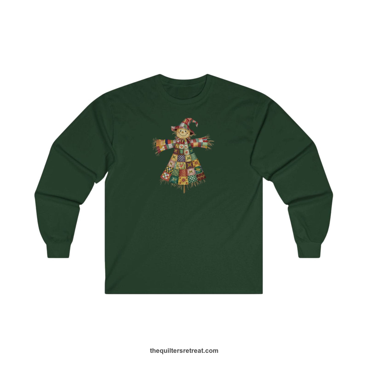 Quilter Gift: A Forest Green Long Sleeve T-Shirt with patchwork scarecrow with a cheerful face in a whimsical style