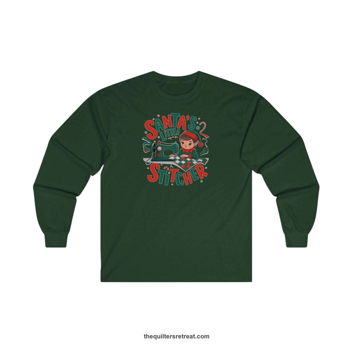 Quilter Gift: A Forest Green Long Sleeve T-Shirt with santa's little stitcher elf sewing quilt with festive colors in playful style