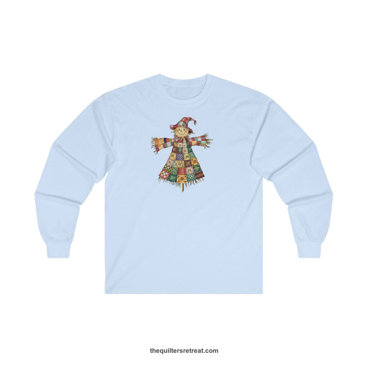 Quilter Gift: A Light Blue Long Sleeve T-Shirt with patchwork scarecrow with a cheerful face in a whimsical style