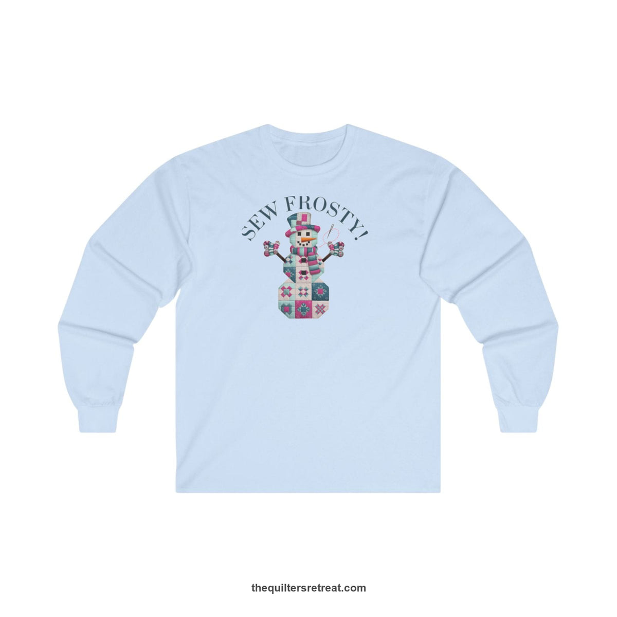 Quilter Gift: A Light Blue Long Sleeve T-Shirt with snowman quilt pattern with 'Sew Frosty!' text in a crafty style