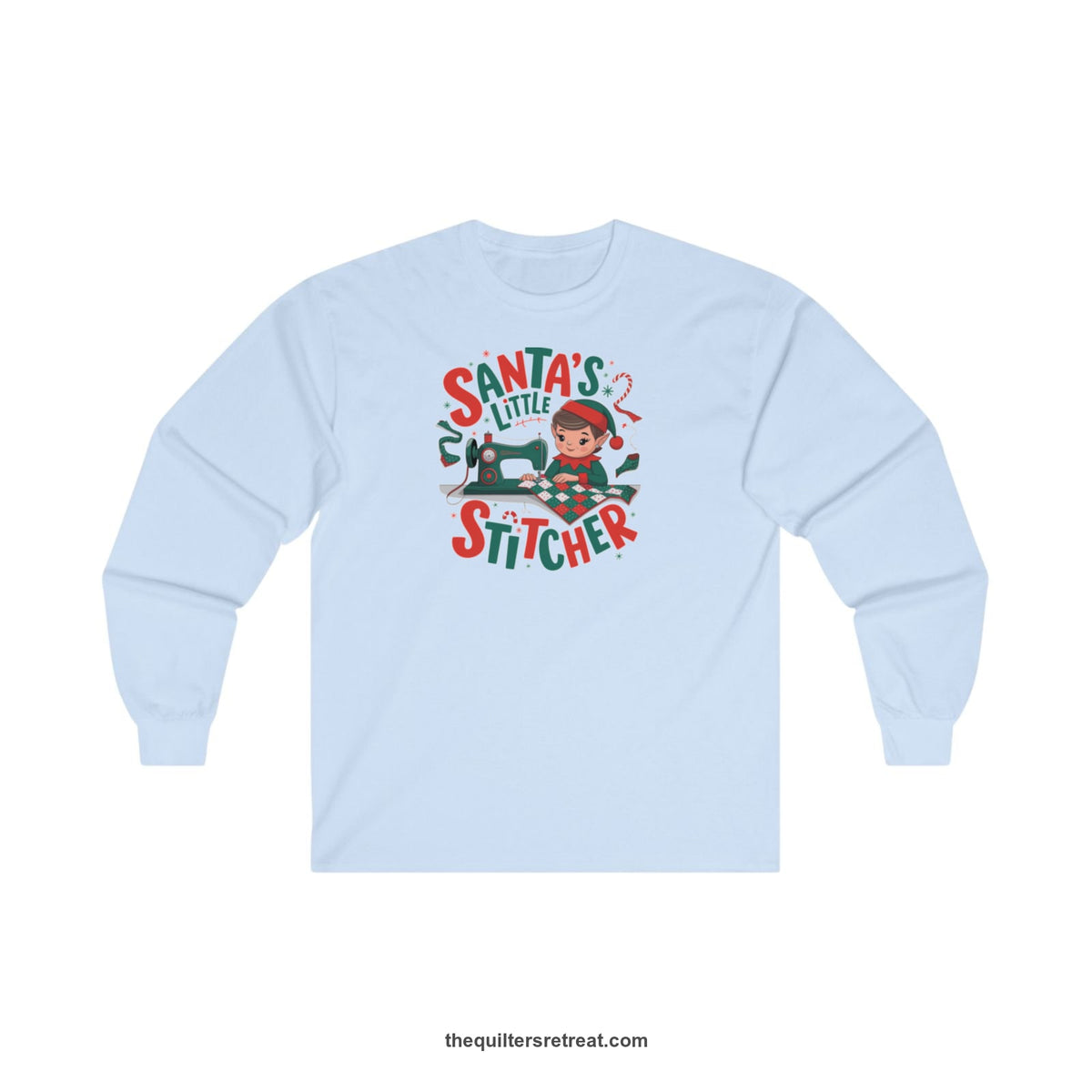 Quilter Gift: A Light Blue Long Sleeve T-Shirt with santa's little stitcher elf sewing quilt with festive colors in playful style