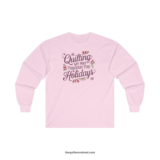 Quilter Gift: A Light Pink Long Sleeve T-Shirt with quilting-themed text in festive colors with decorative quilt patterns