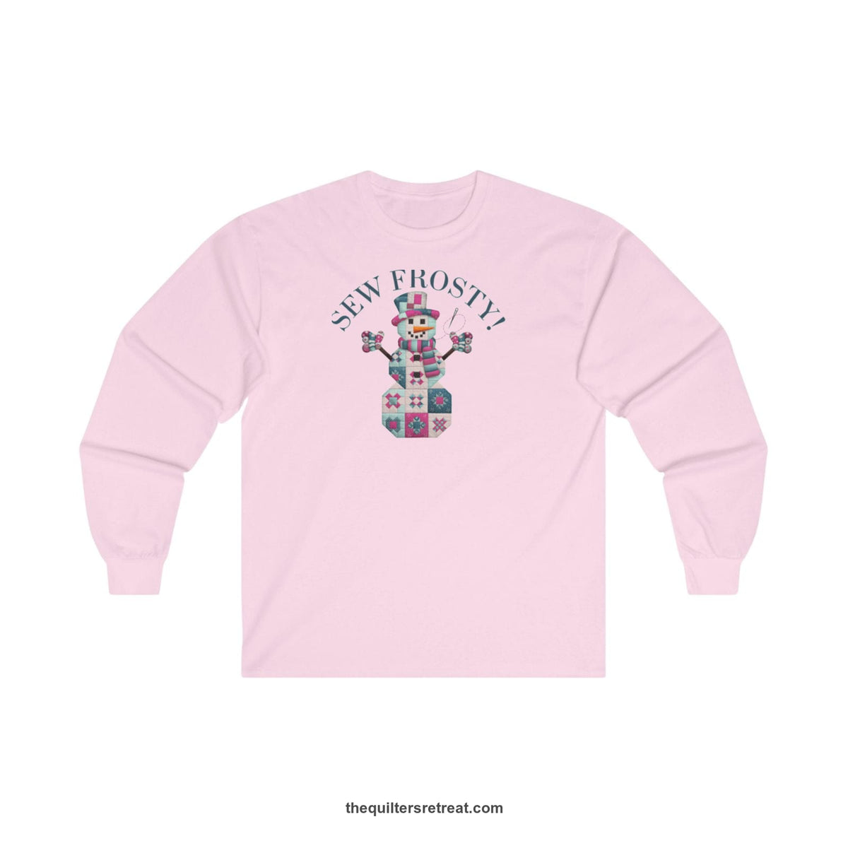 Quilter Gift: A Light Pink Long Sleeve T-Shirt with snowman quilt pattern with 'Sew Frosty!' text in a crafty style