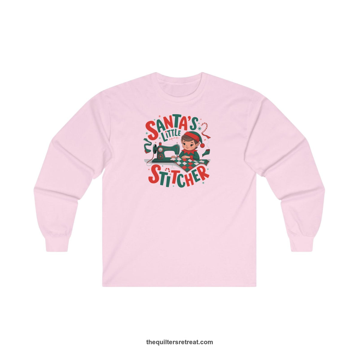 Quilter Gift: A Light Pink Long Sleeve T-Shirt with santa's little stitcher elf sewing quilt with festive colors in playful style