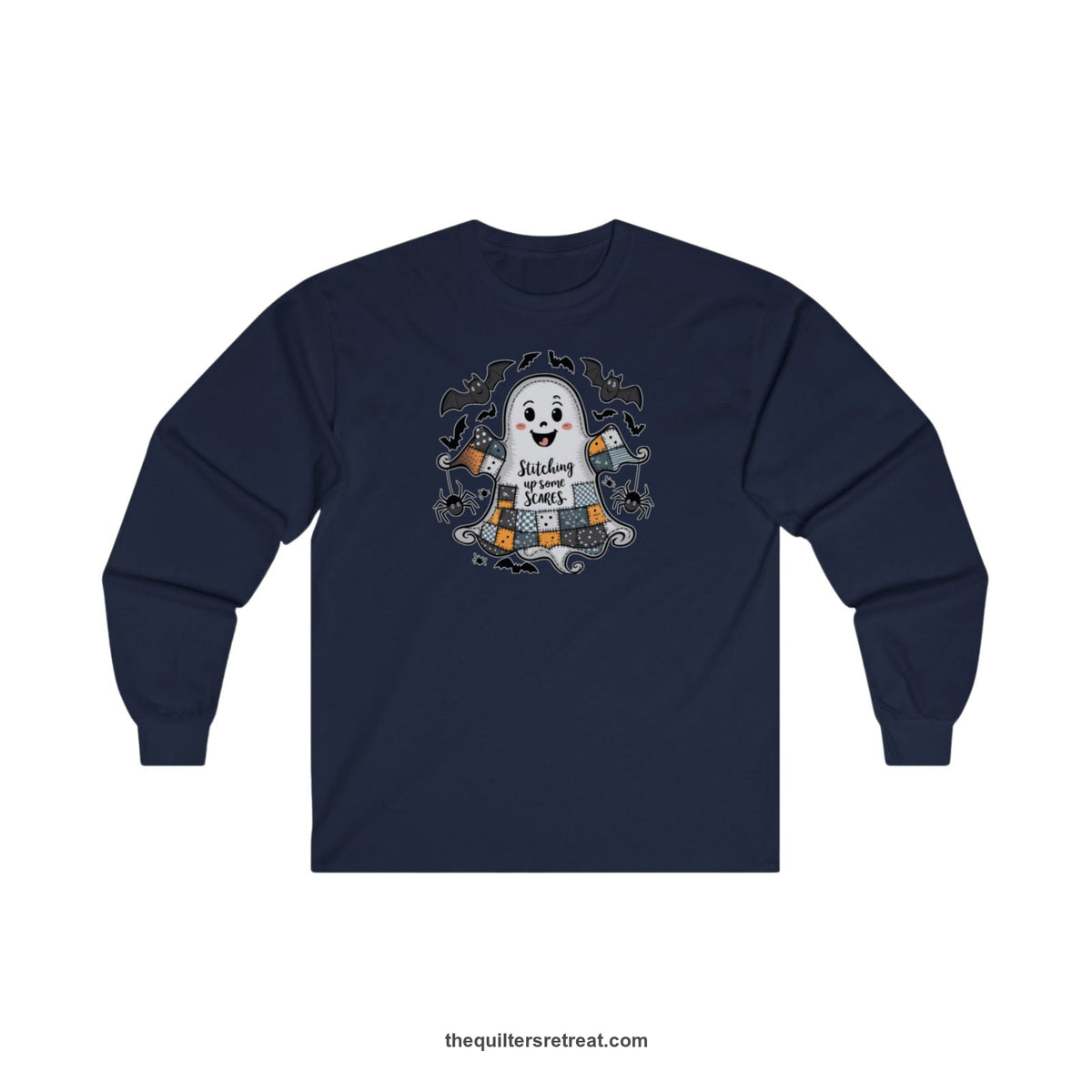 Quilter Gift: A Navy Long Sleeve T-Shirt with cute patchwork ghost with 'Stitching up some Scares' text and playful bats in a whimsical style