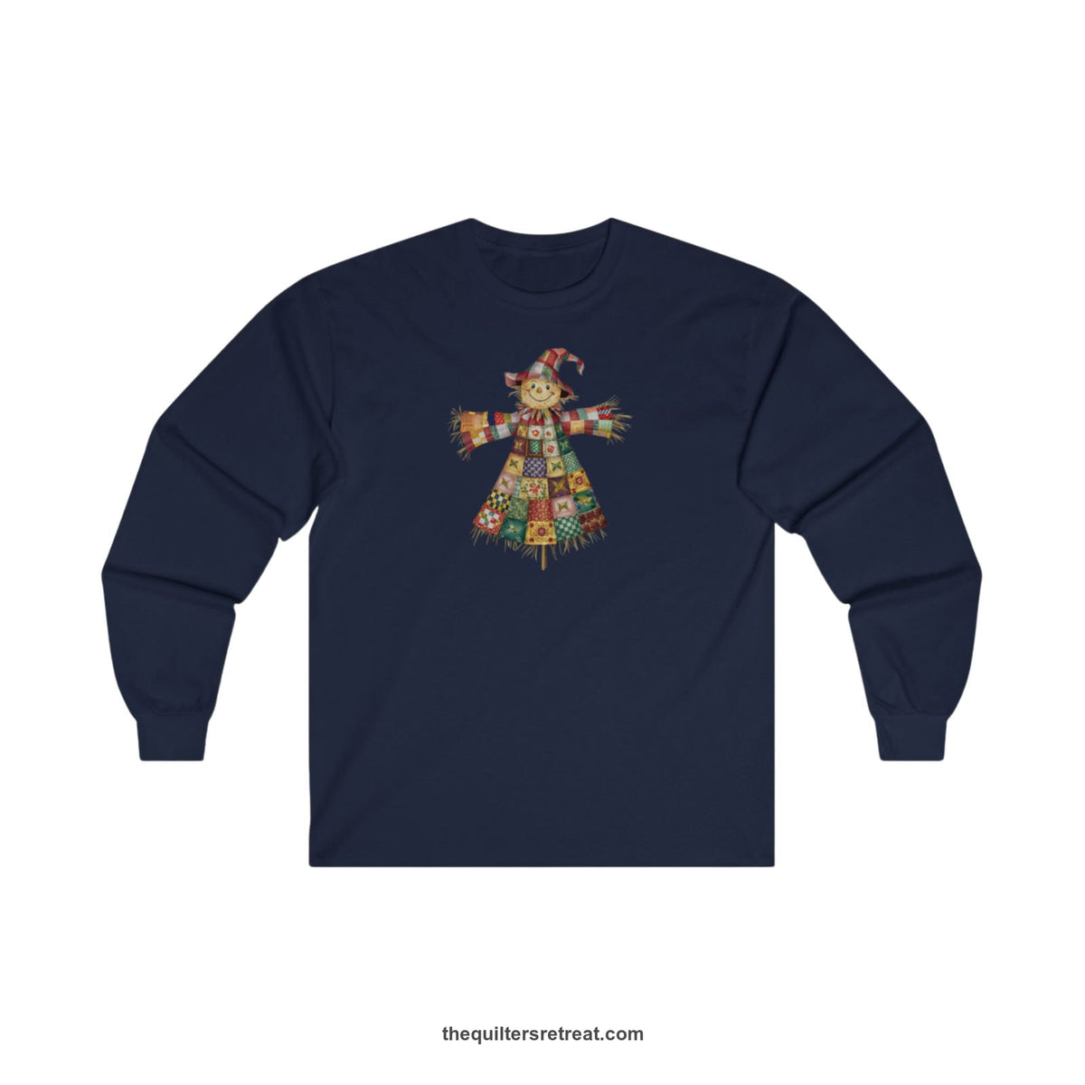 Quilter Gift: A Navy Long Sleeve T-Shirt with patchwork scarecrow with a cheerful face in a whimsical style