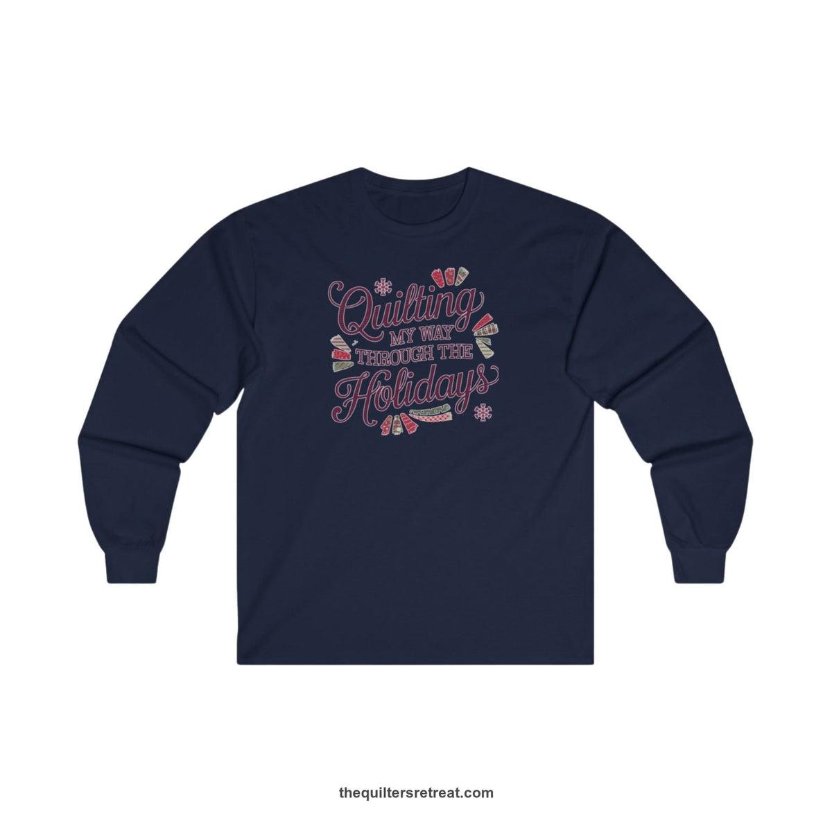 Quilter Gift: A Navy Long Sleeve T-Shirt with quilting-themed text in festive colors with decorative quilt patterns