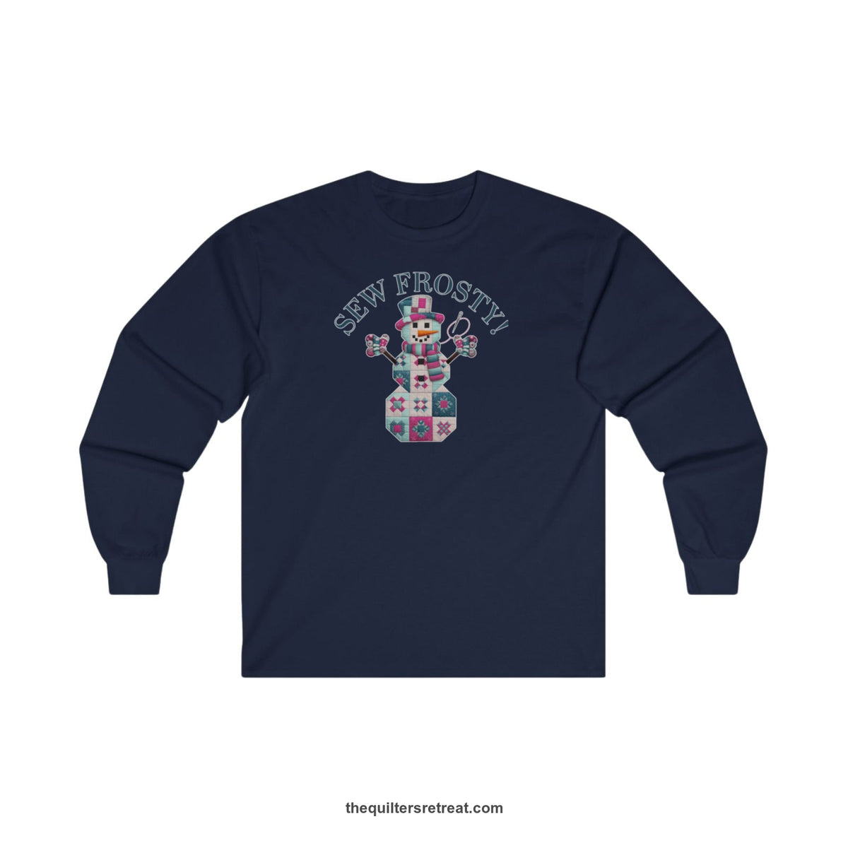Quilter Gift: A Navy Long Sleeve T-Shirt with snowman quilt pattern with 'Sew Frosty!' text in a crafty style