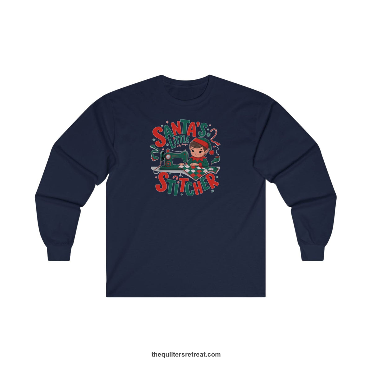 Quilter Gift: A Navy Long Sleeve T-Shirt with santa's little stitcher elf sewing quilt with festive colors in playful style