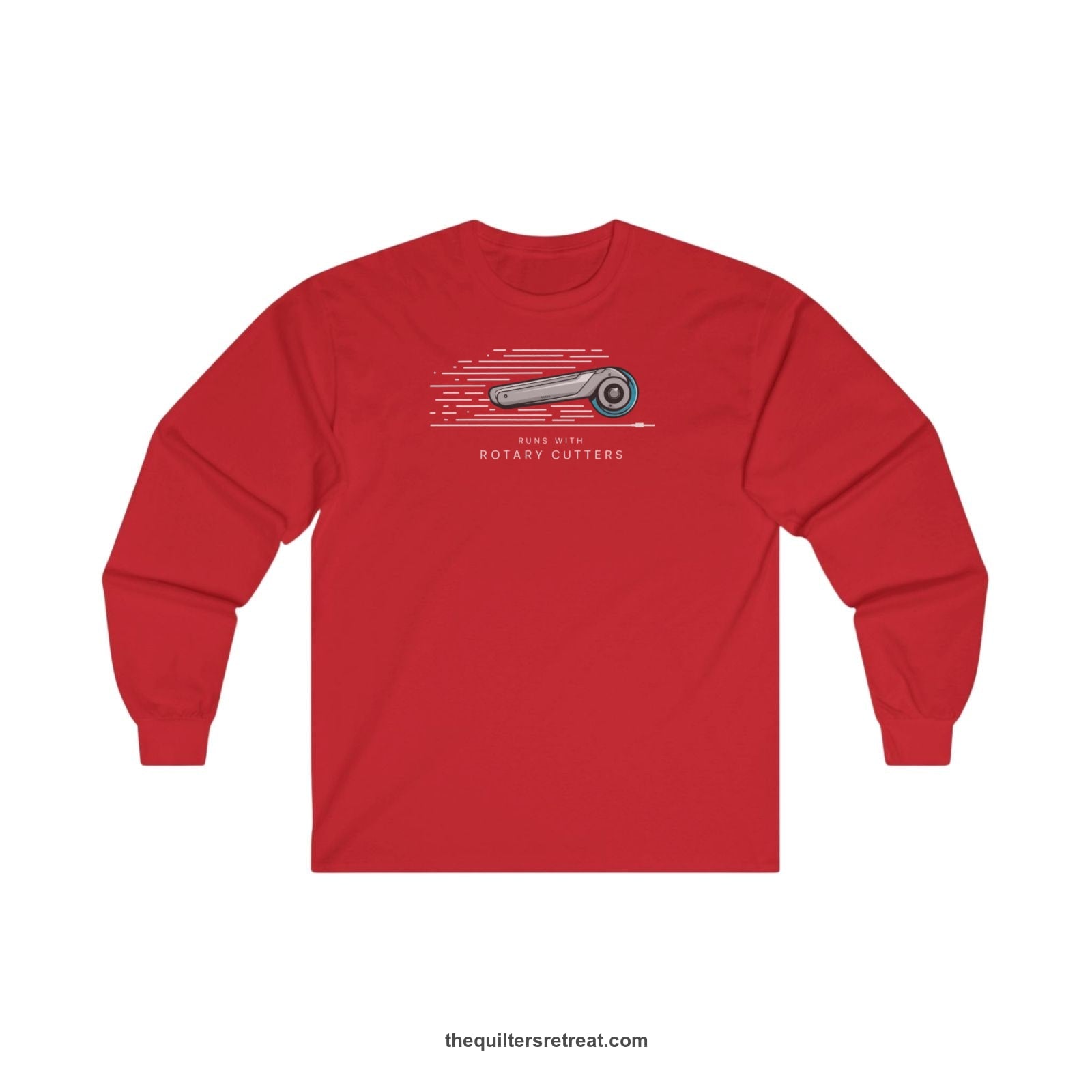 A Red Long Sleeve T-Shirt with a rotary cutter illustration with dynamic lines and bold "Runs with Rotary Cutters" text