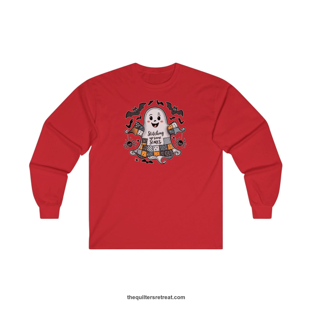 Quilter Gift: A Red Long Sleeve T-Shirt with cute patchwork ghost with 'Stitching up some Scares' text and playful bats in a whimsical style