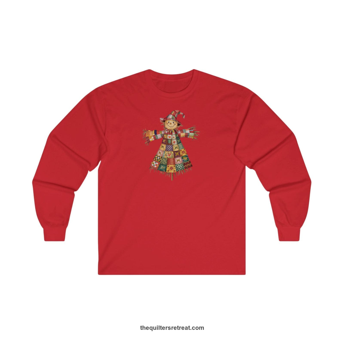 Quilter Gift: A Red Long Sleeve T-Shirt with patchwork scarecrow with a cheerful face in a whimsical style