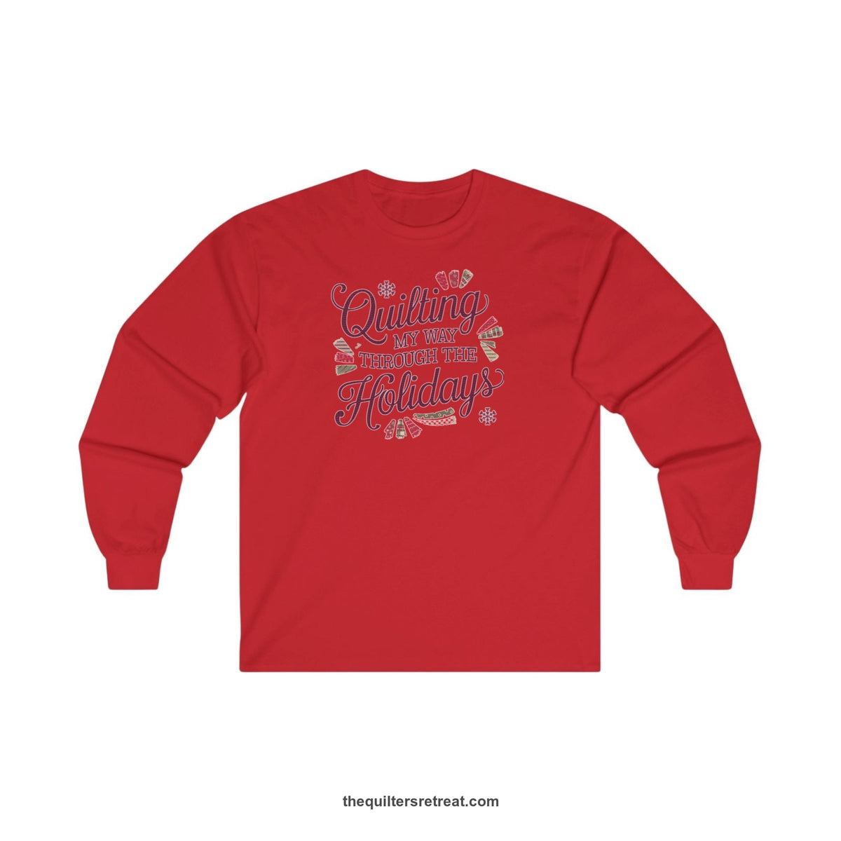 Quilter Gift: A Red Long Sleeve T-Shirt with quilting-themed text in festive colors with decorative quilt patterns