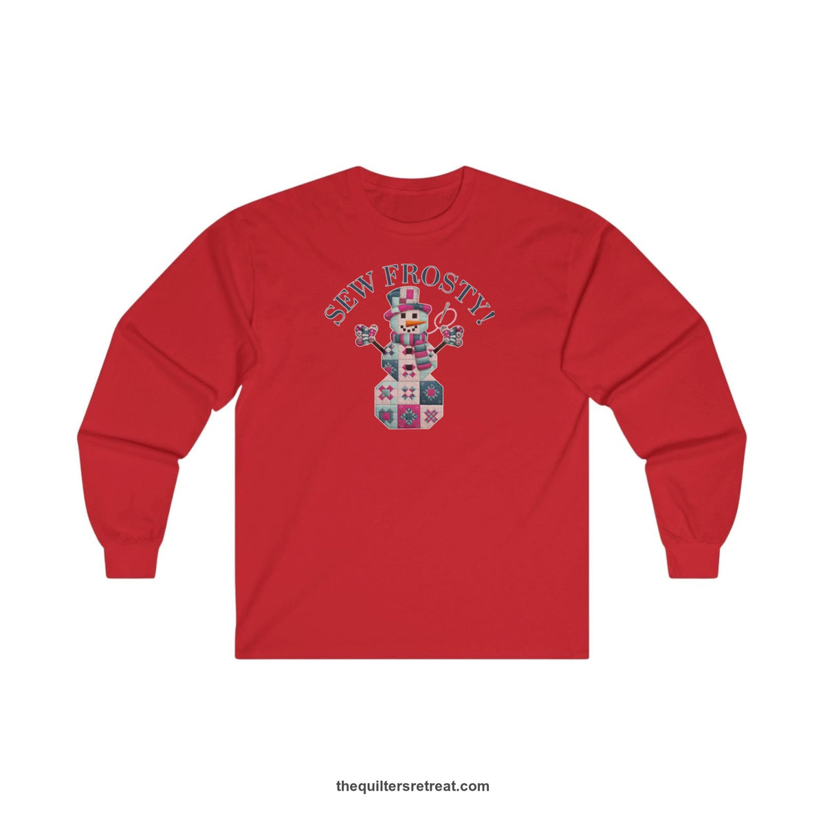 Quilter Gift: A Red Long Sleeve T-Shirt with snowman quilt pattern with 'Sew Frosty!' text in a crafty style