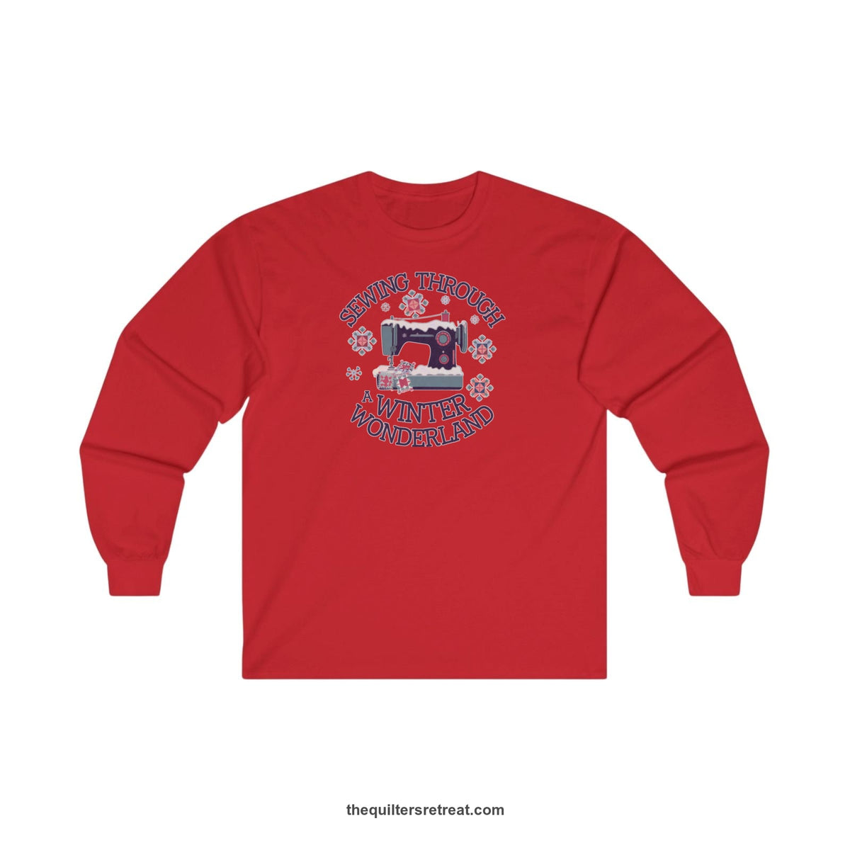 Quilter Gift: A Red Long Sleeve T-Shirt with sewing machine covered in snow with festive quilting elements and 'Sewing Through a Winter Wonderland' text