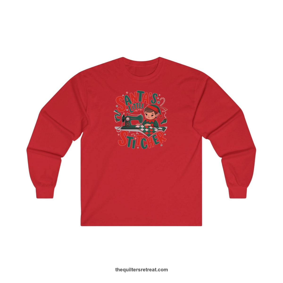 Quilter Gift: A Red Long Sleeve T-Shirt with santa's little stitcher elf sewing quilt with festive colors in playful style