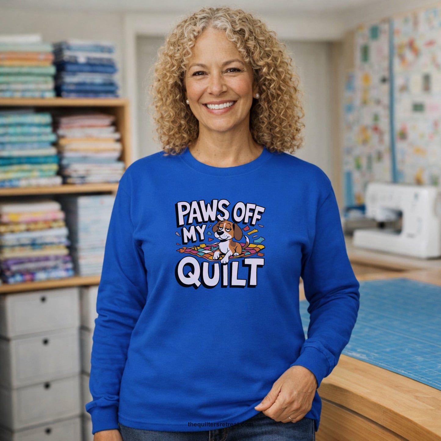 A Long Sleeve T-Shirt with a adorable dog on quilt with "Paws Off My Quilt" playful text