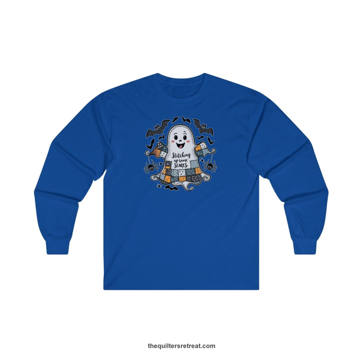 Quilter Gift: A Royal Long Sleeve T-Shirt with cute patchwork ghost with 'Stitching up some Scares' text and playful bats in a whimsical style