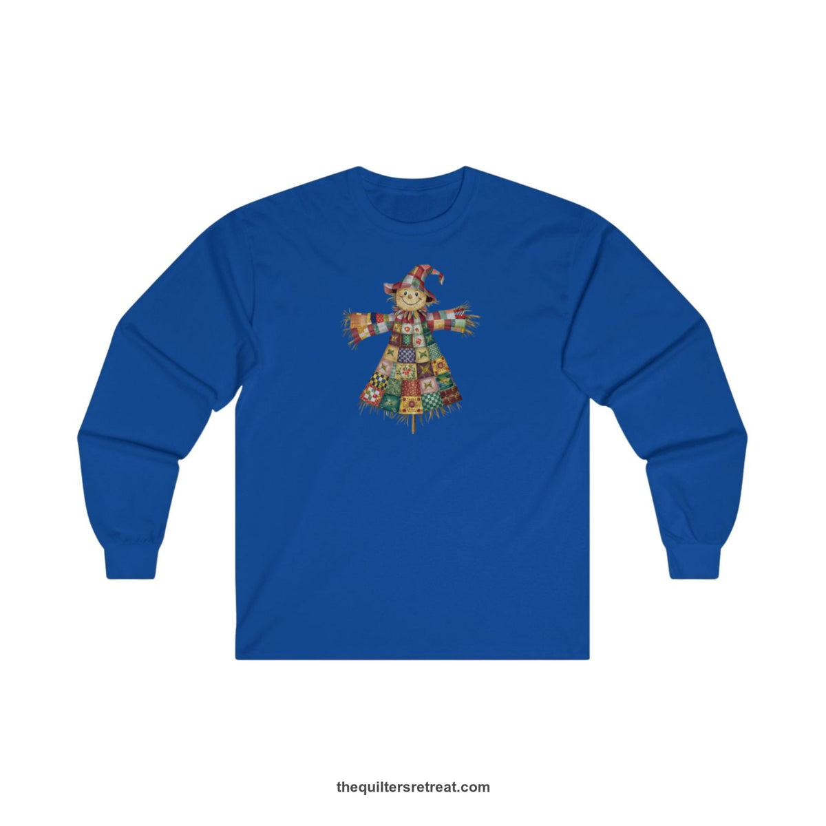Quilter Gift: A Royal Long Sleeve T-Shirt with patchwork scarecrow with a cheerful face in a whimsical style