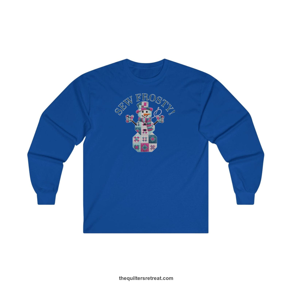Quilter Gift: A Royal Long Sleeve T-Shirt with snowman quilt pattern with 'Sew Frosty!' text in a crafty style