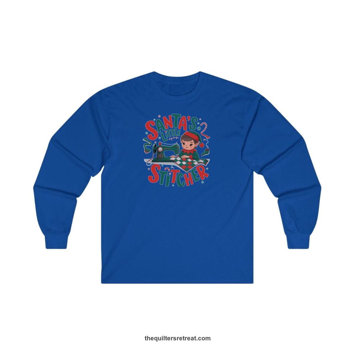 Quilter Gift: A Royal Long Sleeve T-Shirt with santa's little stitcher elf sewing quilt with festive colors in playful style