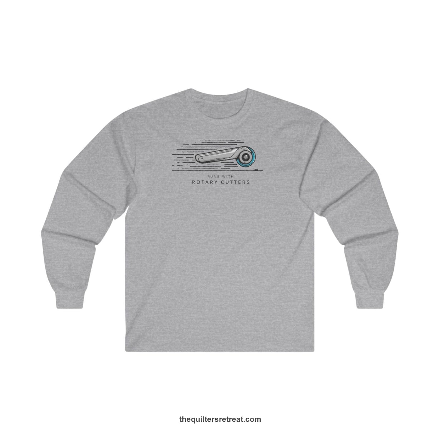 A Sport Grey Long Sleeve T-Shirt with a rotary cutter illustration with dynamic lines and bold "Runs with Rotary Cutters" text