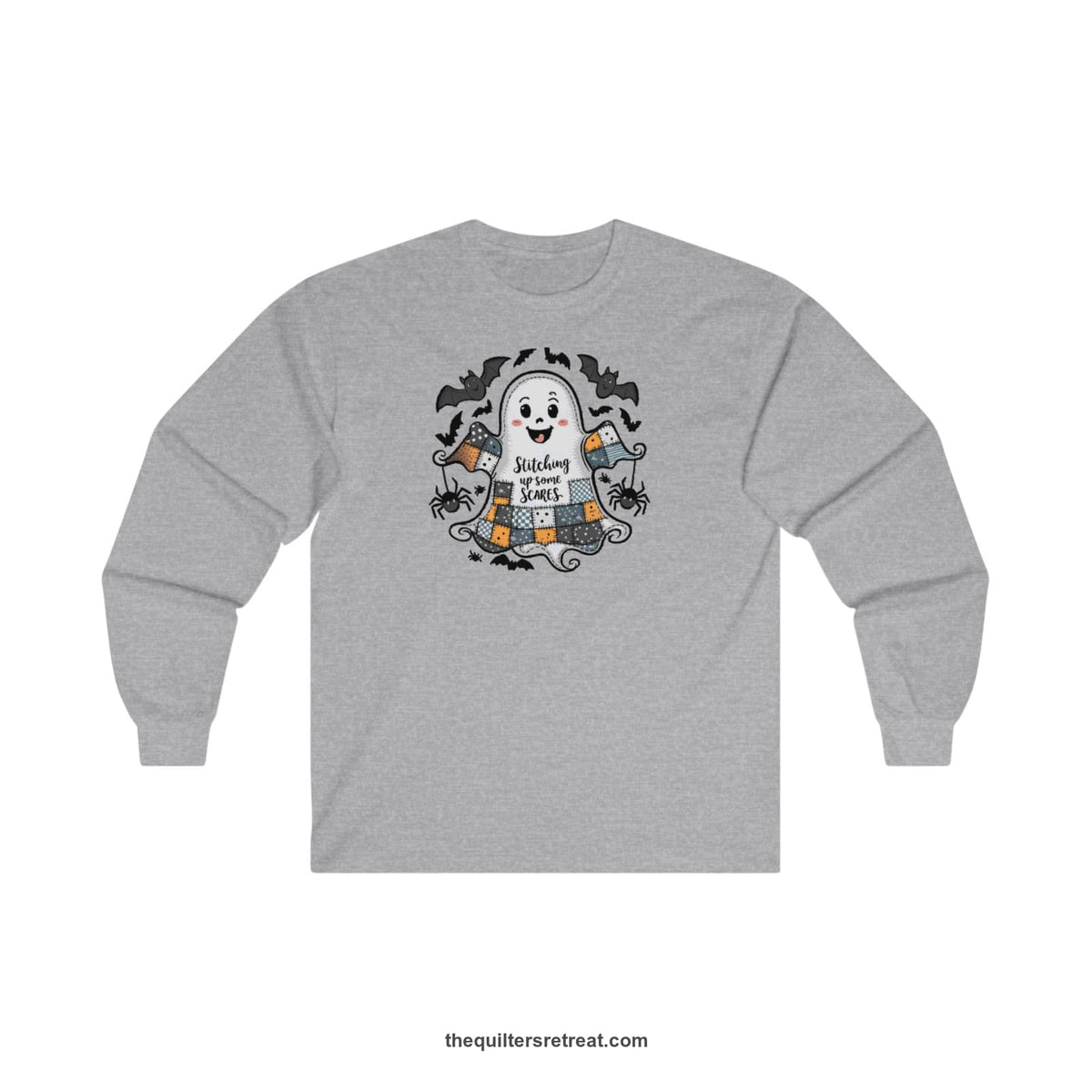 Quilter Gift: A Sport Grey Long Sleeve T-Shirt with cute patchwork ghost with 'Stitching up some Scares' text and playful bats in a whimsical style
