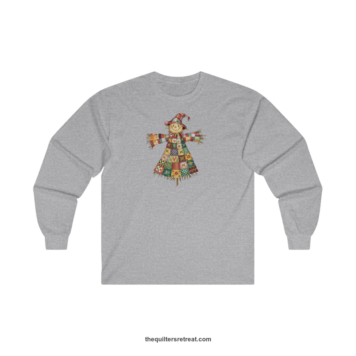 Quilter Gift: A Sport Grey Long Sleeve T-Shirt with patchwork scarecrow with a cheerful face in a whimsical style