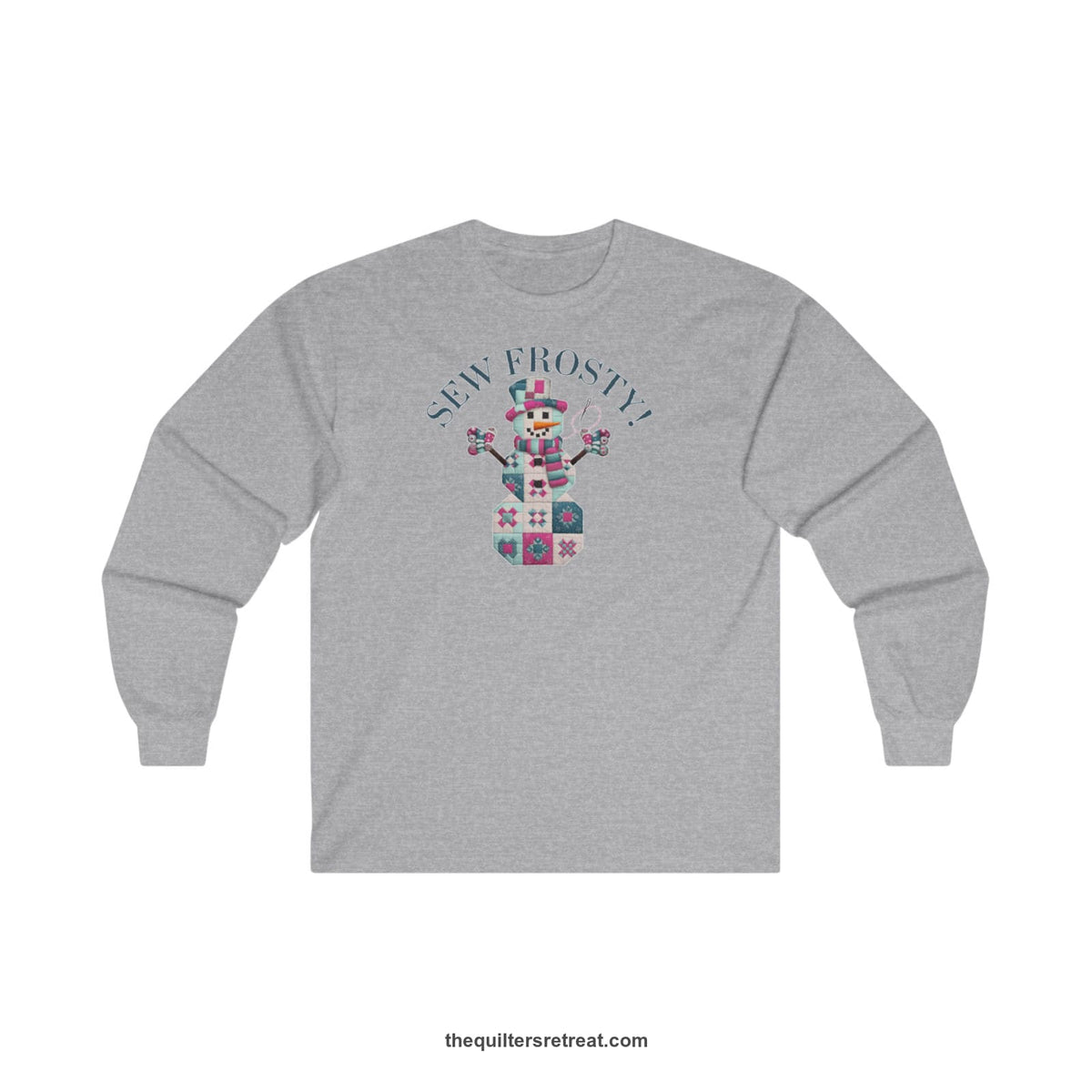 Quilter Gift: A Sport Grey Long Sleeve T-Shirt with snowman quilt pattern with 'Sew Frosty!' text in a crafty style