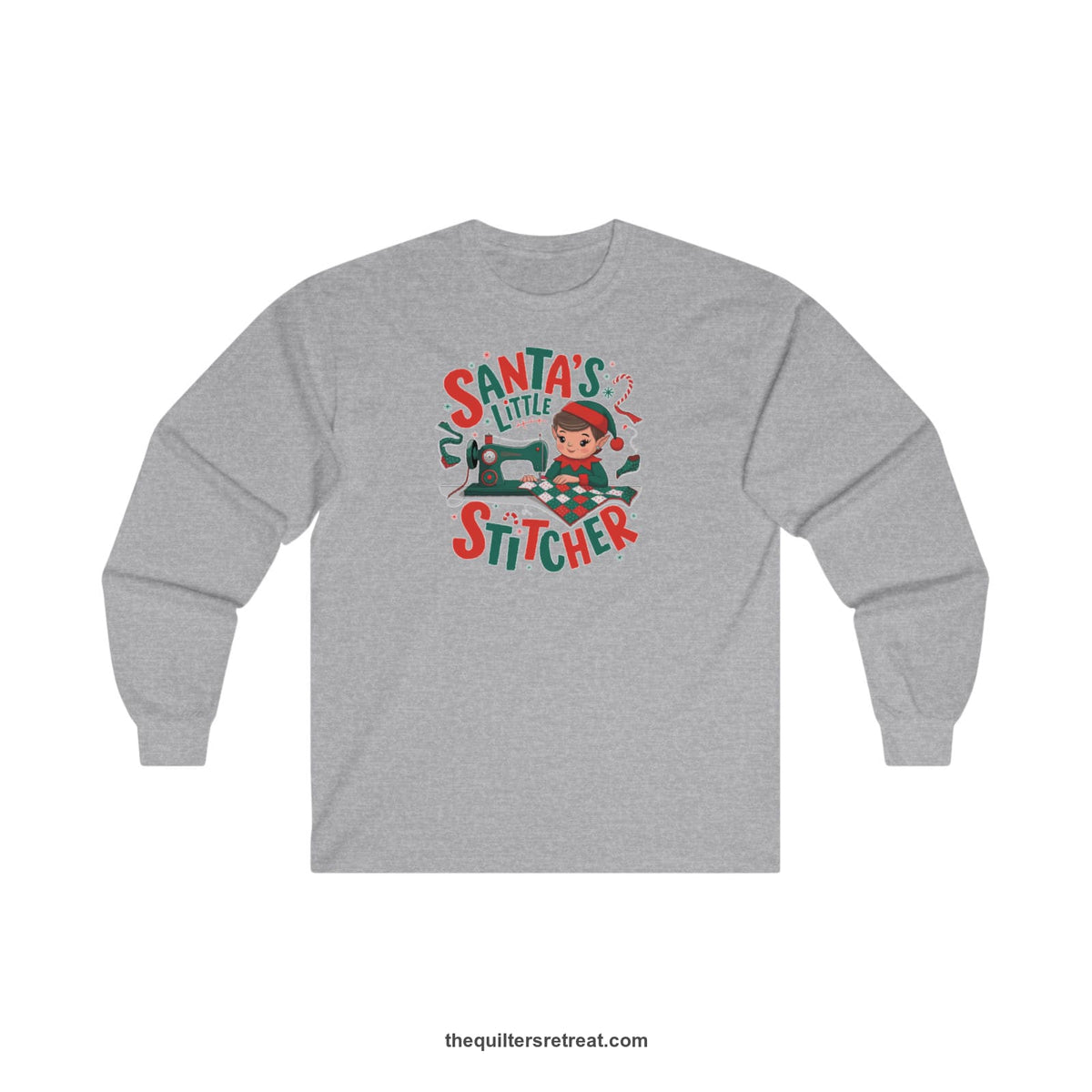 Quilter Gift: A Sport Grey Long Sleeve T-Shirt with santa's little stitcher elf sewing quilt with festive colors in playful style