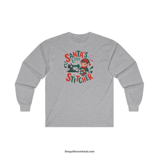 Quilter Gift: A Sport Grey Long Sleeve T-Shirt with santa's little stitcher elf sewing quilt with festive colors in playful style