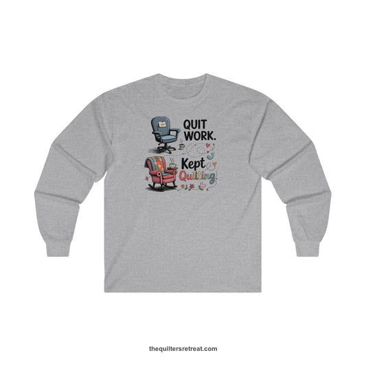 A Long Sleeve T-Shirt with a quit work kept quilting text with cozy chairs and colorful floral accents in a whimsical style