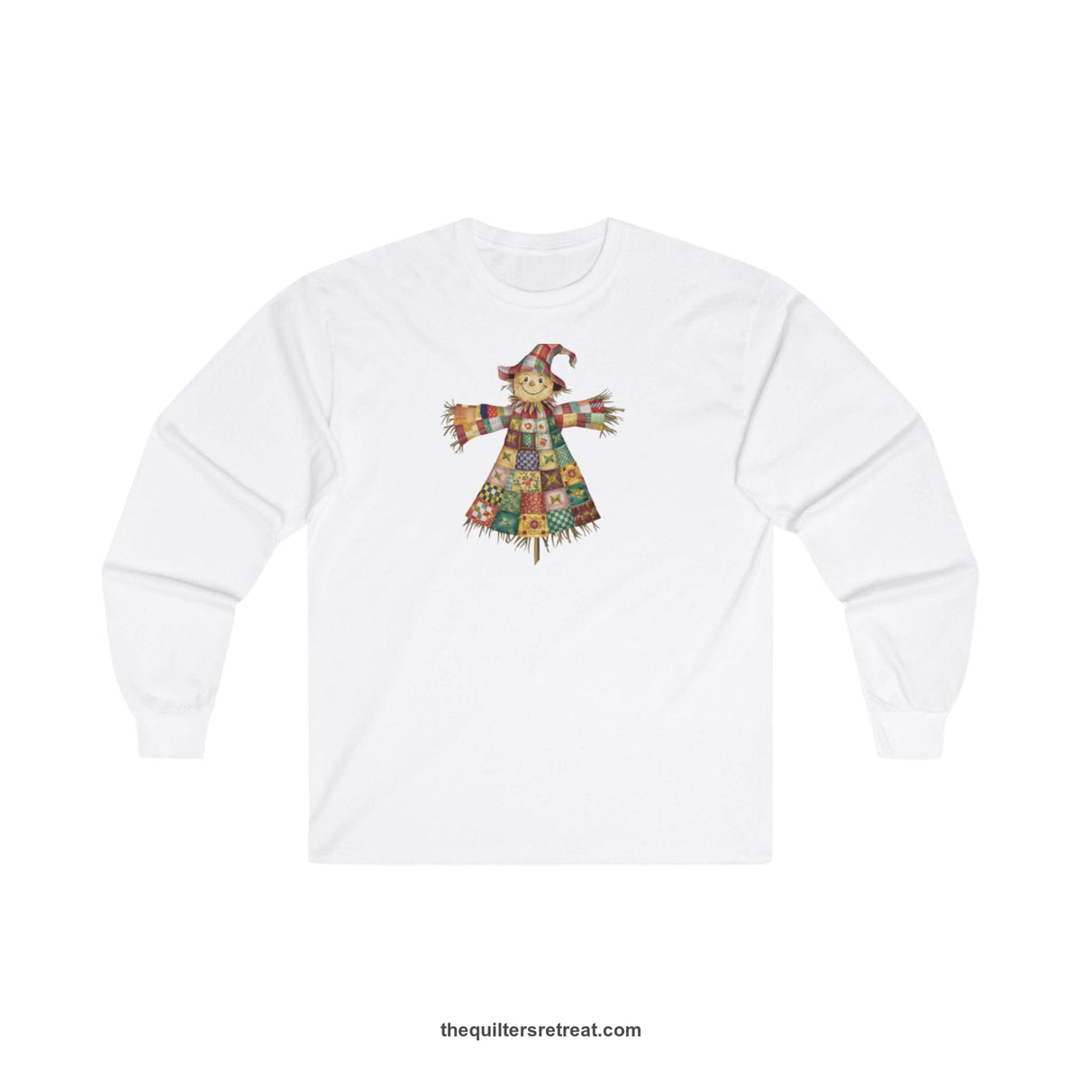 Quilter Gift: A White Long Sleeve T-Shirt with patchwork scarecrow with a cheerful face in a whimsical style