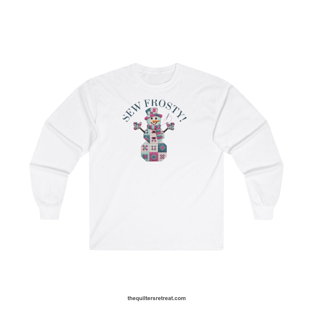 Quilter Gift: A White Long Sleeve T-Shirt with snowman quilt pattern with 'Sew Frosty!' text in a crafty style