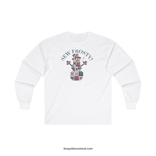 Quilter Gift: A White Long Sleeve T-Shirt with snowman quilt pattern with 'Sew Frosty!' text in a crafty style