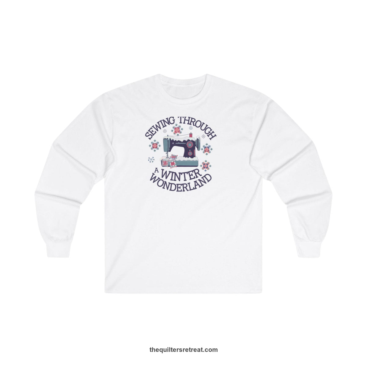Quilter Gift: A White Long Sleeve T-Shirt with sewing machine covered in snow with festive quilting elements and 'Sewing Through a Winter Wonderland' text