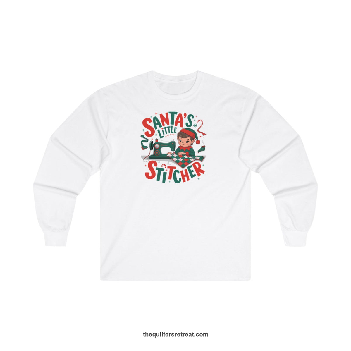 Quilter Gift: A White Long Sleeve T-Shirt with santa's little stitcher elf sewing quilt with festive colors in playful style