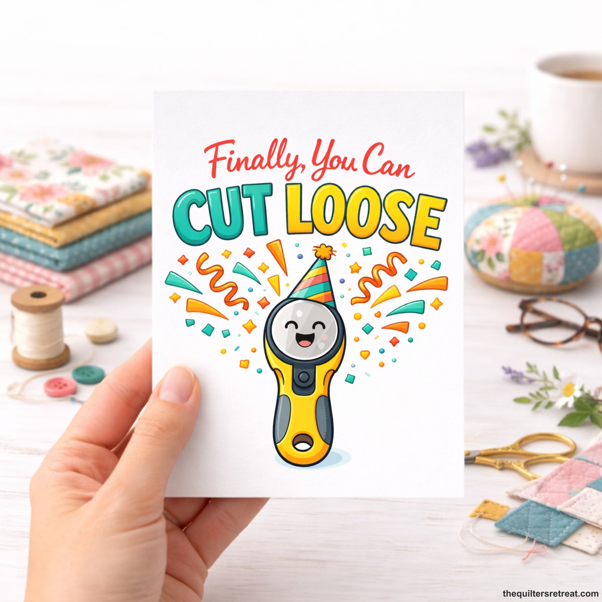 Quilter Gift: A  Greeting Card with Happy rotary cutter with confetti, party hat, colorful text "Finally, You Can Cut Loose".