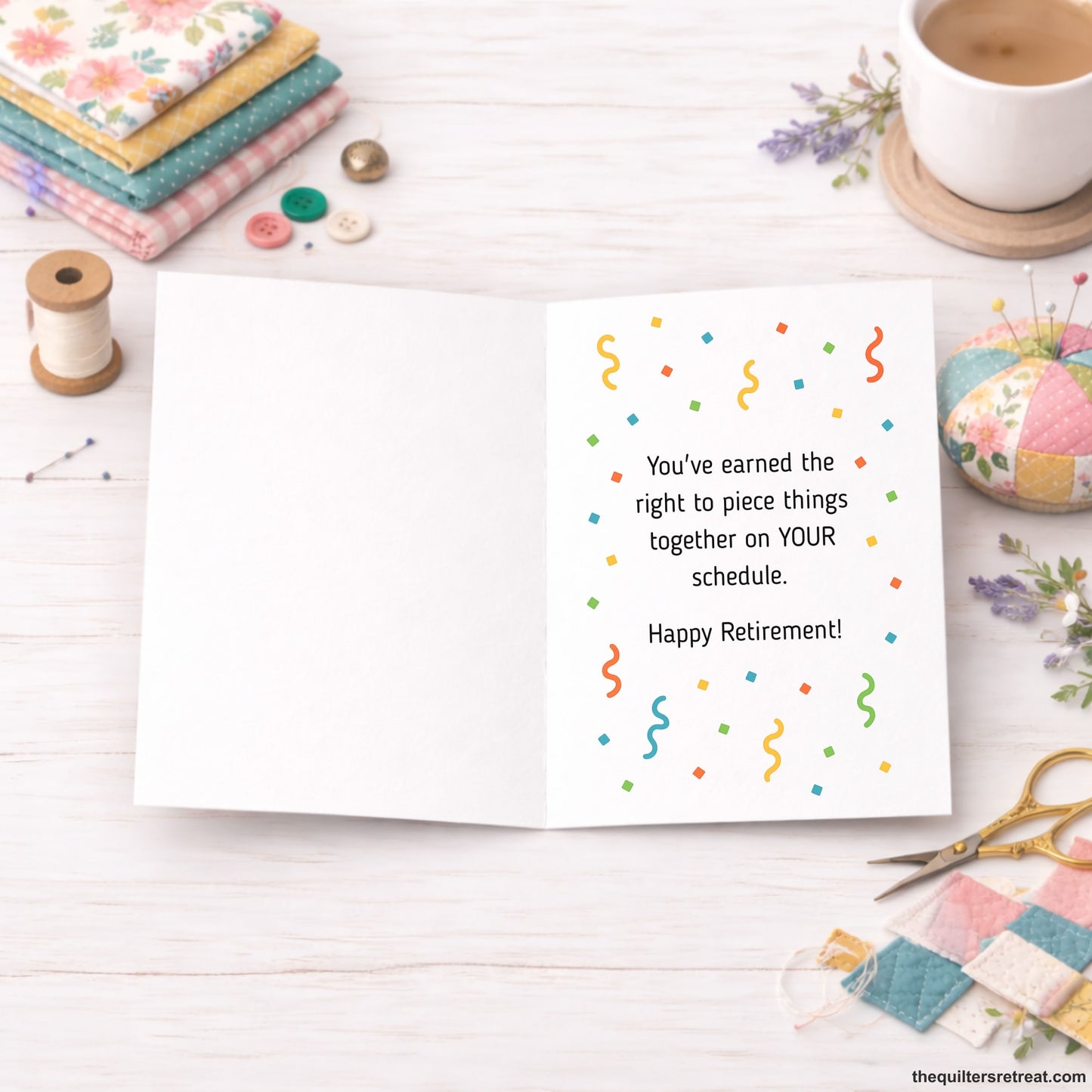 Quilter Gift: A  Greeting Card with Happy rotary cutter with confetti, party hat, colorful text "Finally, You Can Cut Loose".