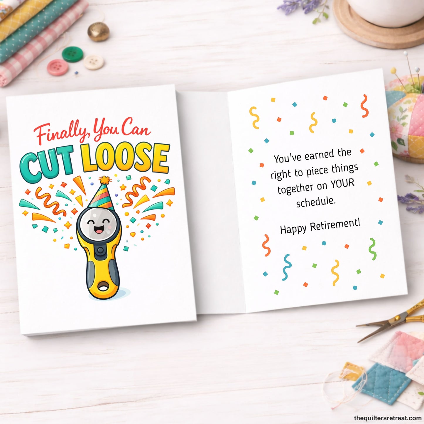 Quilter Gift: A  Greeting Card with Happy rotary cutter with confetti, party hat, colorful text "Finally, You Can Cut Loose".