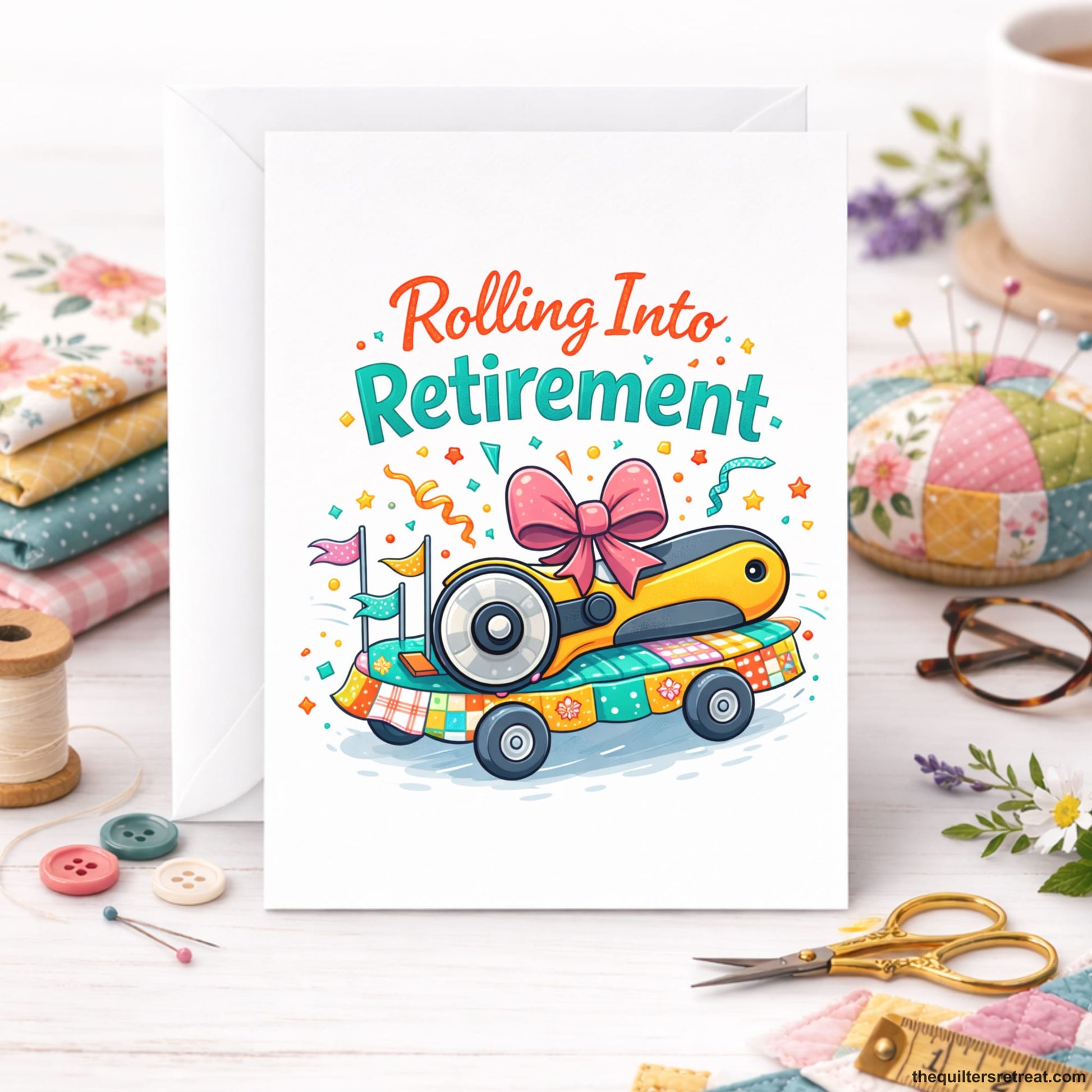 Quilter Gift: A Bright White Greeting Card with Colorful whimsical rotary cutter on wheels with stars and "Rolling Into Retirement" text.