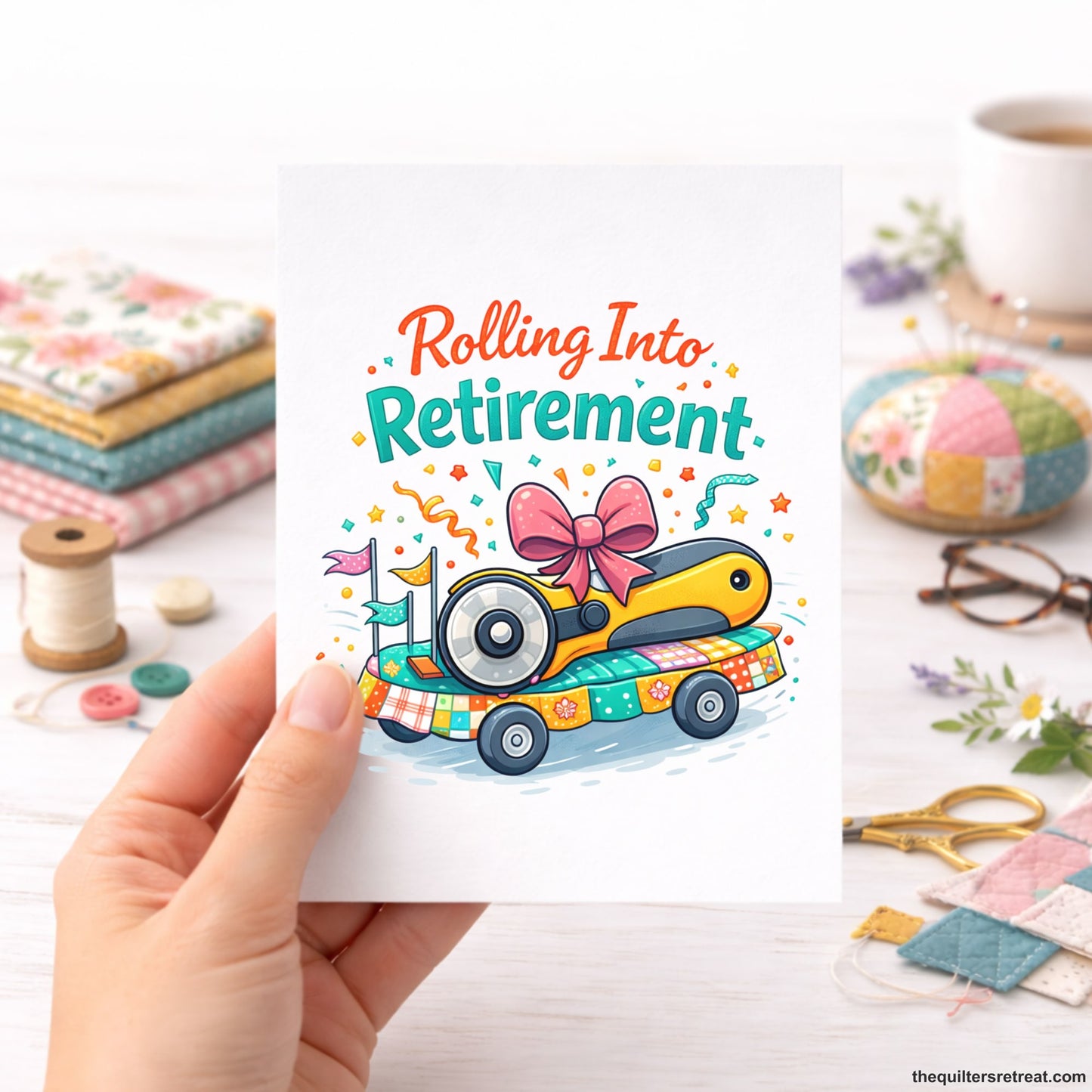 Quilter Gift: A  Greeting Card with Colorful whimsical rotary cutter on wheels with stars and "Rolling Into Retirement" text.