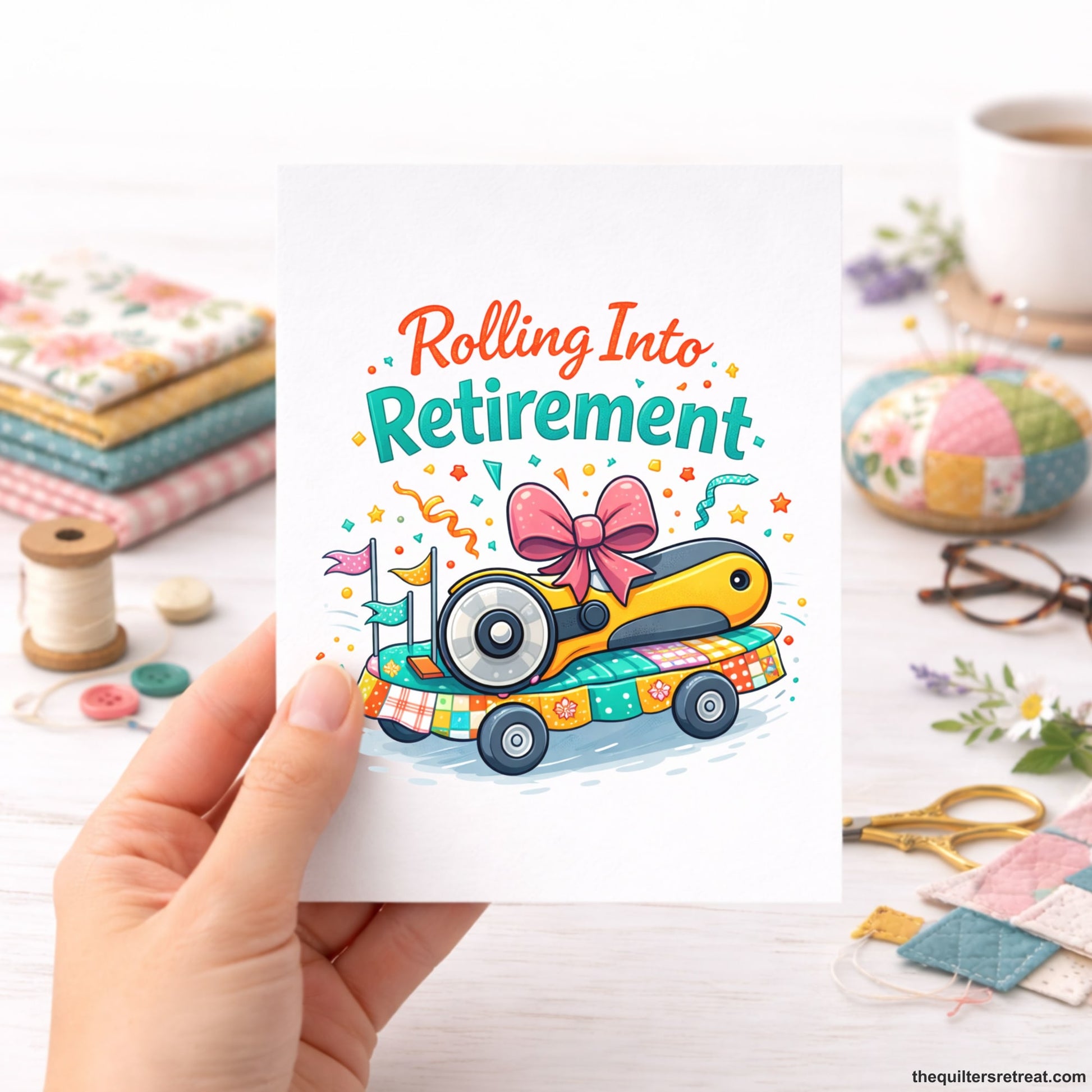 Quilter Gift: A  Greeting Card with Colorful whimsical rotary cutter on wheels with stars and "Rolling Into Retirement" text.