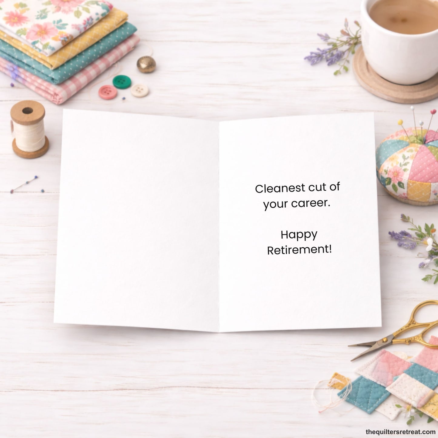 Quilter Gift: A  Greeting Card with Colorful whimsical rotary cutter on wheels with stars and "Rolling Into Retirement" text.