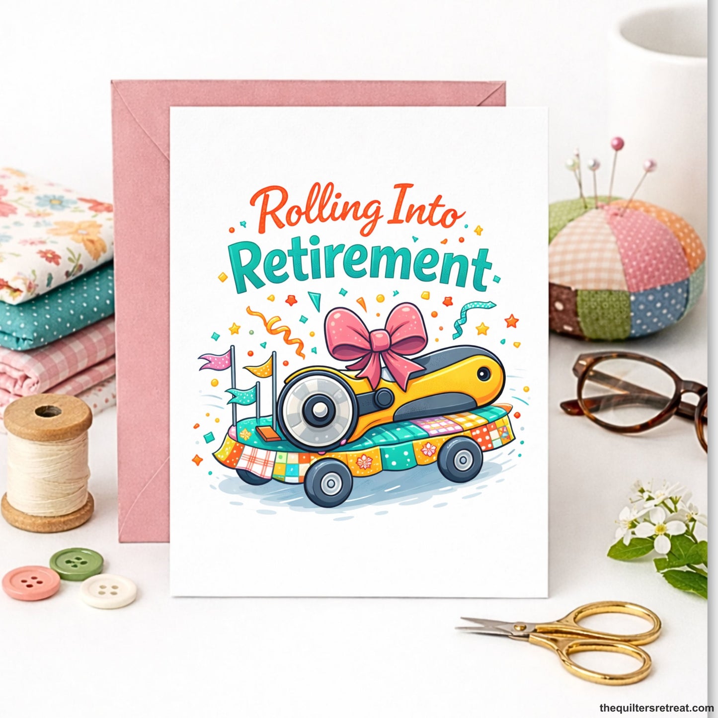 Quilter Gift: A Shiny Pink Greeting Card with Colorful whimsical rotary cutter on wheels with stars and "Rolling Into Retirement" text.