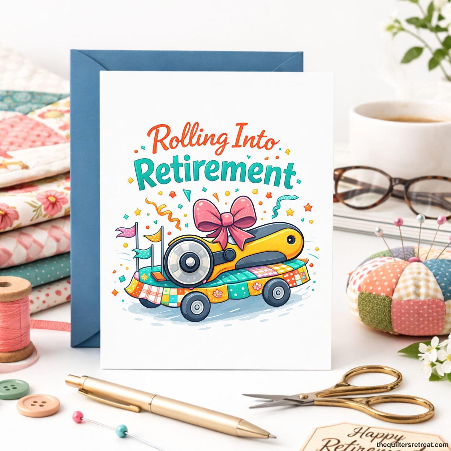 Quilter Gift: A Dusty Blue Greeting Card with Colorful whimsical rotary cutter on wheels with stars and "Rolling Into Retirement" text.