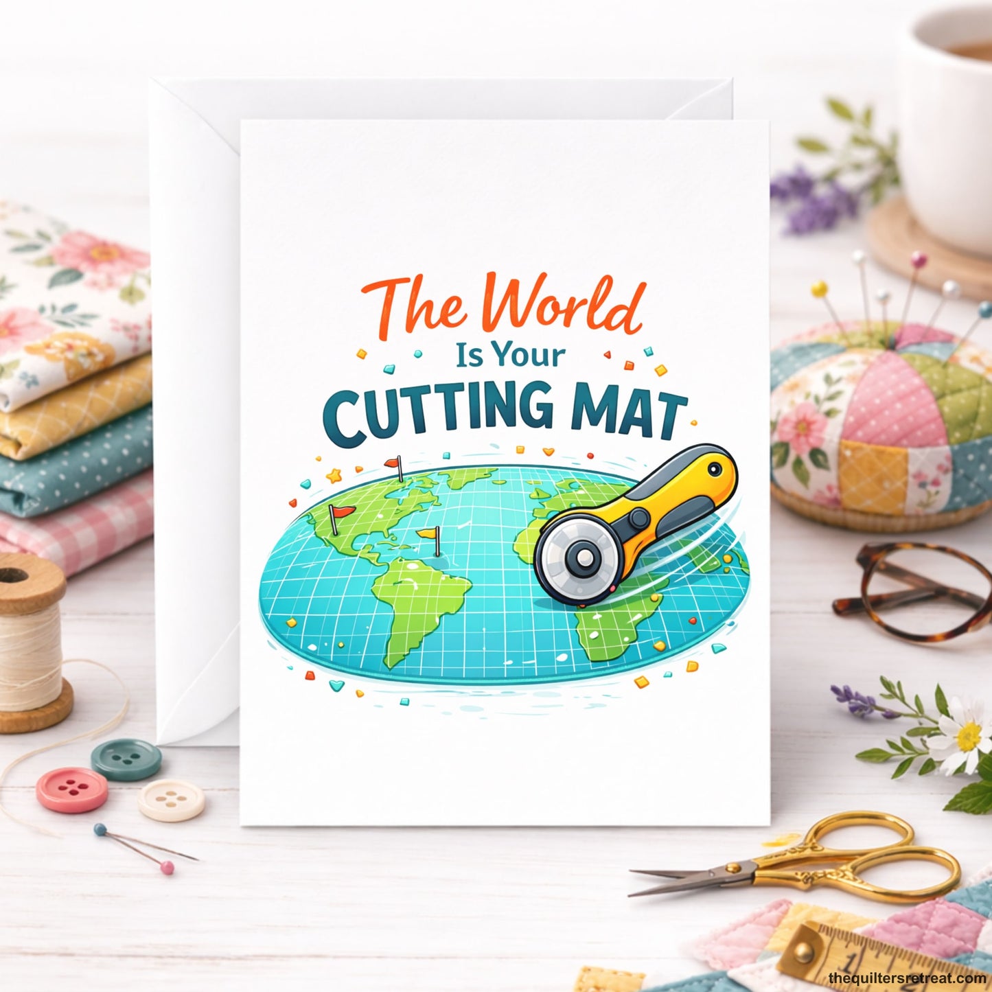 Quilter Gift: A Bright White Greeting Card with Earth map with a rotary cutter, colorful elements, and text "The World Is Your Cutting Mat".