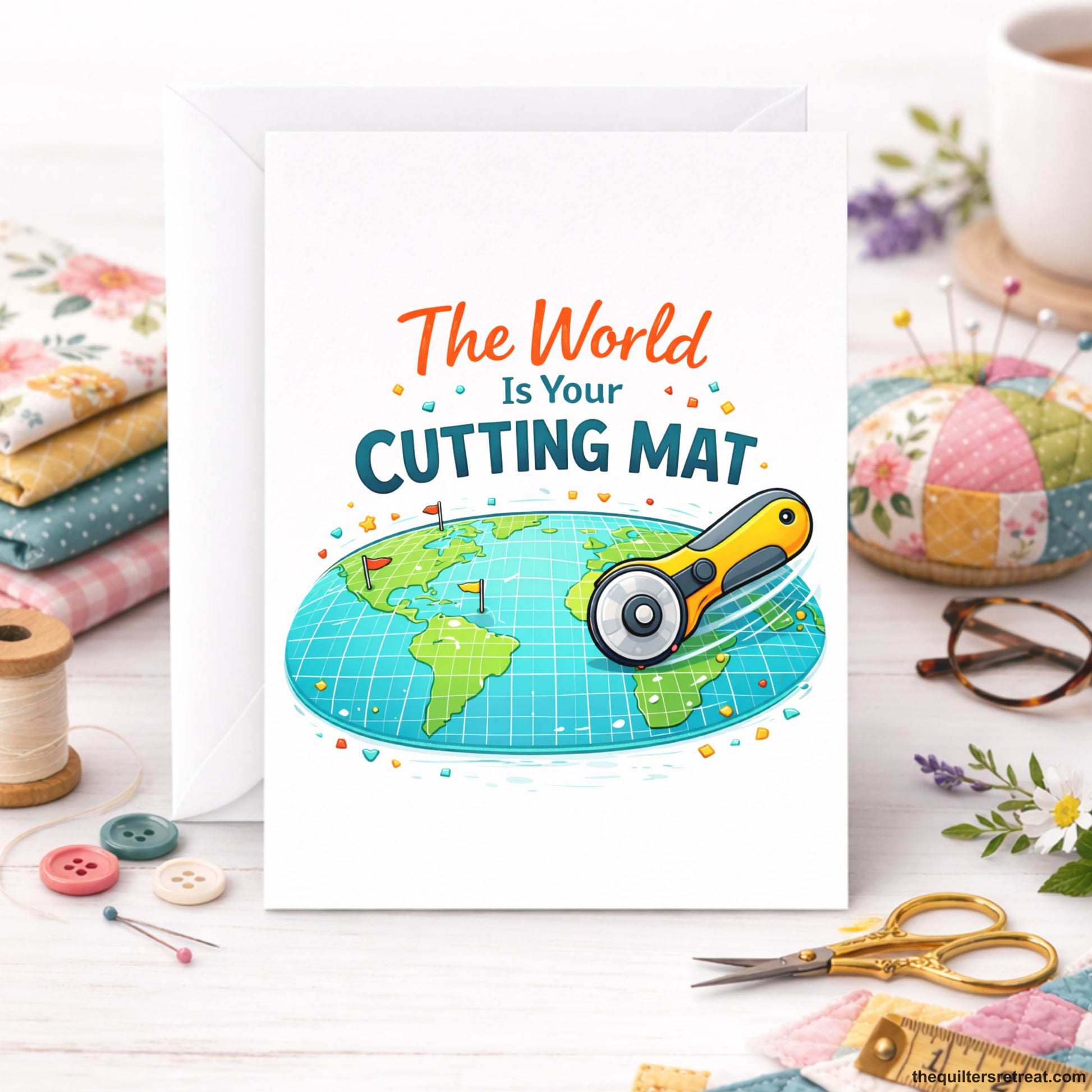 Quilter Gift: A Bright White Greeting Card with Earth map with a rotary cutter, colorful elements, and text "The World Is Your Cutting Mat".