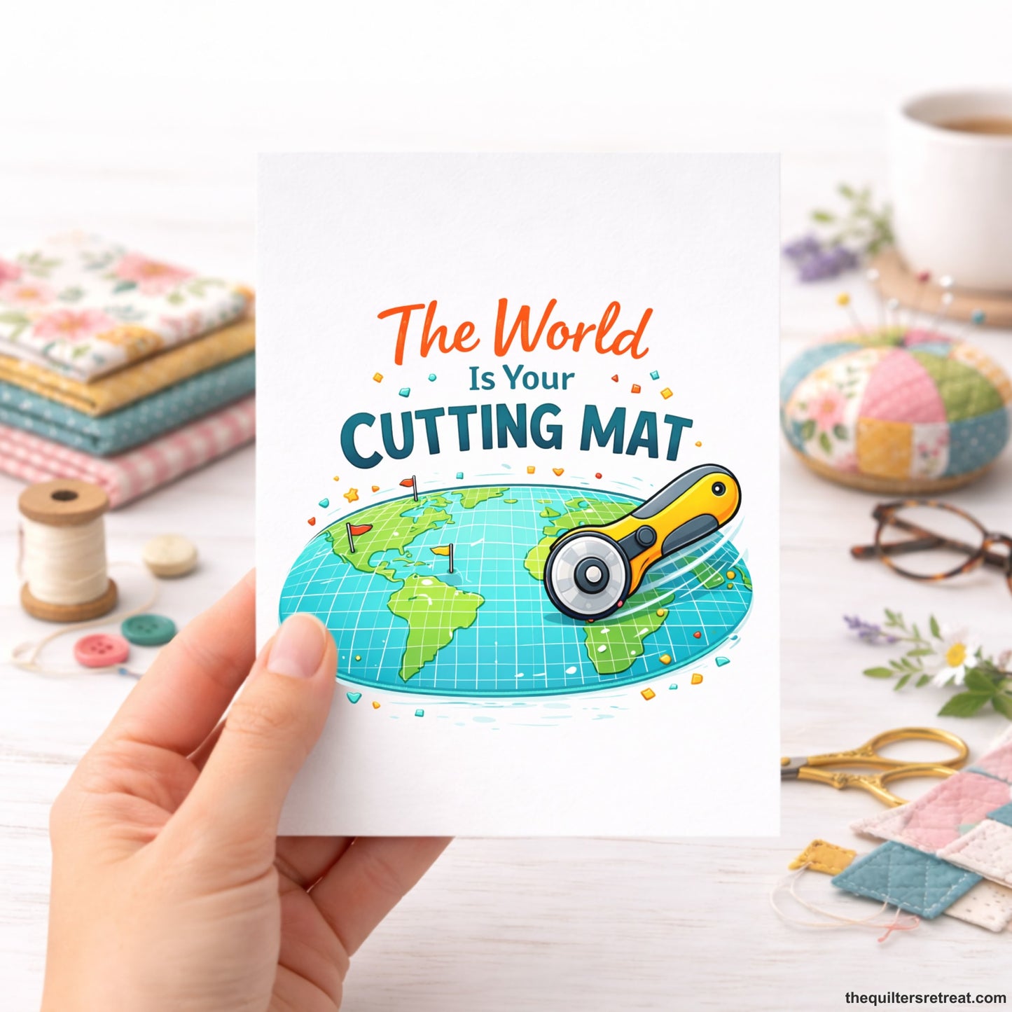 Quilter Gift: A  Greeting Card with Earth map with a rotary cutter, colorful elements, and text "The World Is Your Cutting Mat".