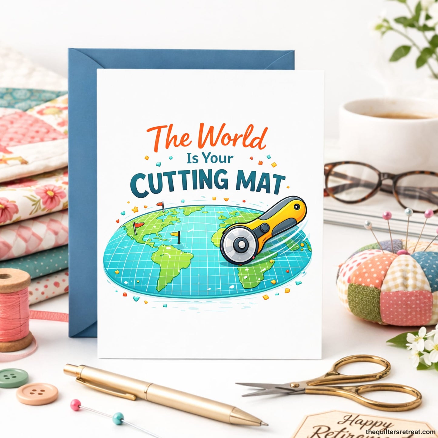 Quilter Gift: A Dusty Blue Greeting Card with Earth map with a rotary cutter, colorful elements, and text "The World Is Your Cutting Mat".
